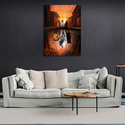 Animals in the background of the street in the reflection of a puddle Canvas Wall Art Print