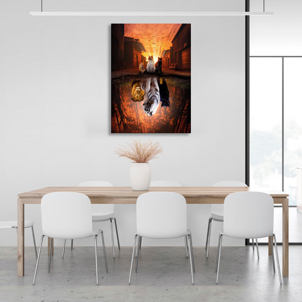 Animals in the background of the street in the reflection of a puddle Canvas Wall Art Print