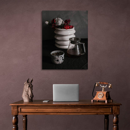 Tea kettle and vase on the table Canvas Wall Art Print For Kitchen