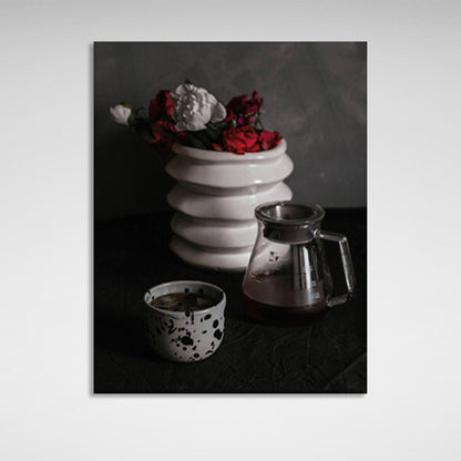 Tea kettle and vase on the table Canvas Wall Art Print For Kitchen