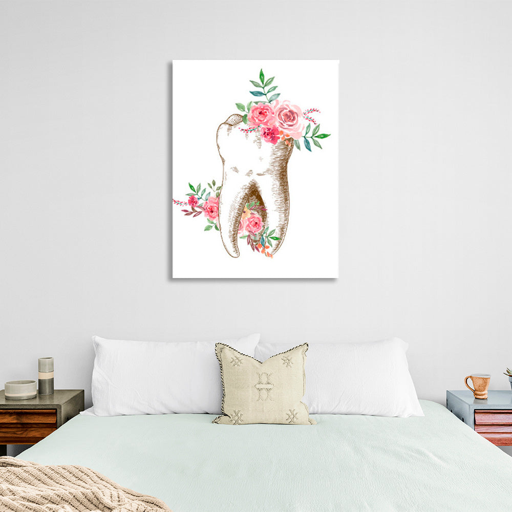 Tooth with flowers on a white background Canvas Wall Art Print