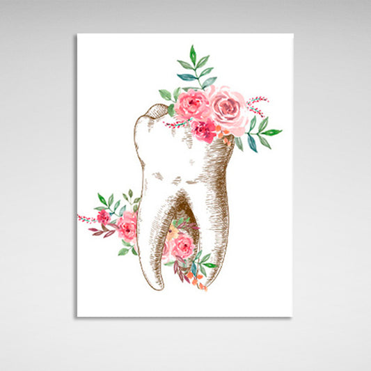 Tooth with flowers on a white background Canvas Wall Art Print