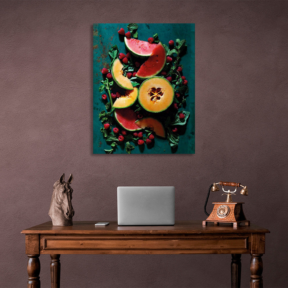 Fruits and berries on the table with mint Canvas Wall Art Print For Kitchen