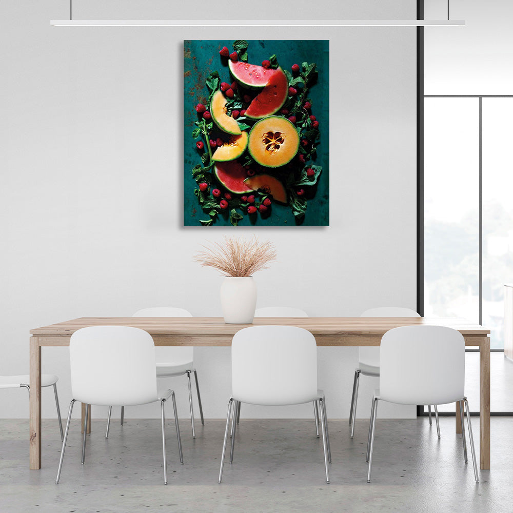 Fruits and berries on the table with mint Canvas Wall Art Print For Kitchen