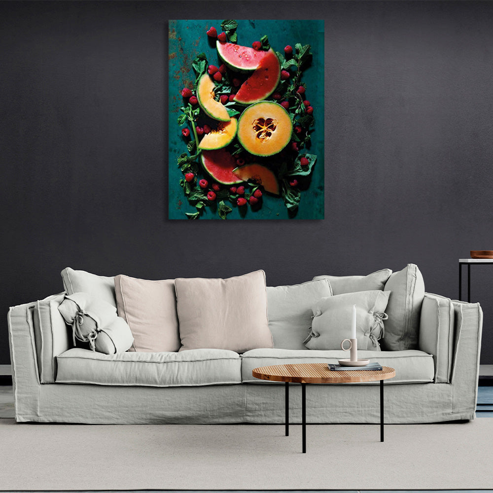 Fruits and berries on the table with mint Canvas Wall Art Print For Kitchen