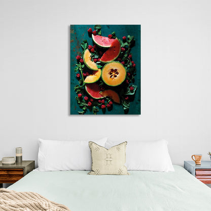 Fruits and berries on the table with mint Canvas Wall Art Print For Kitchen