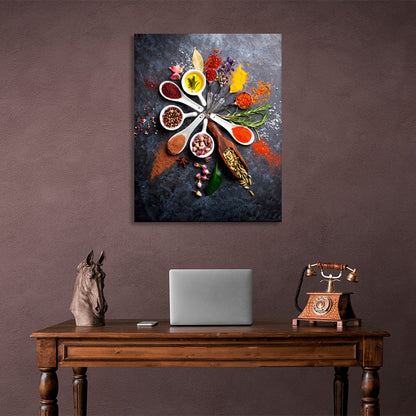 The spices in the spoons are arranged in a circle Canvas Wall Art Print For Kitchen