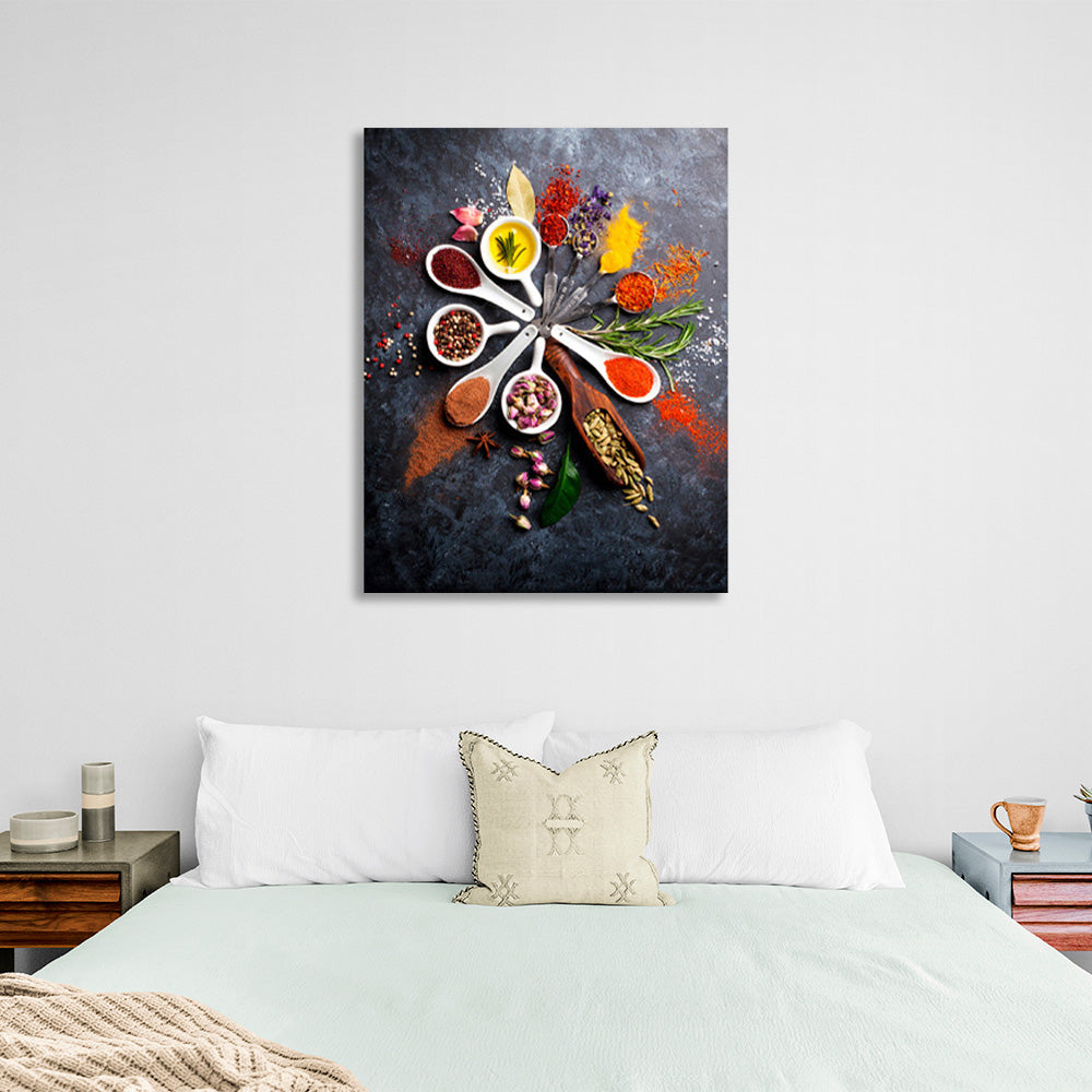 The spices in the spoons are arranged in a circle Canvas Wall Art Print For Kitchen