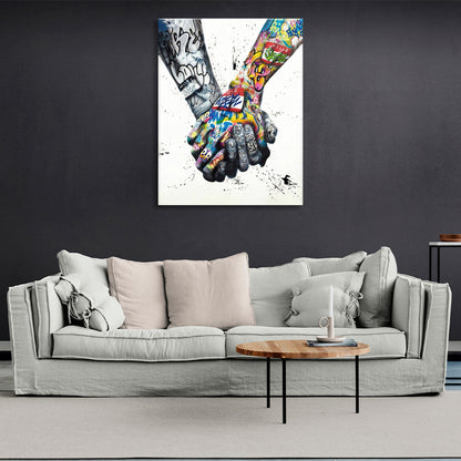 A hand with a dark coloring and a hand with a bright coloring Canvas Wall Art Print