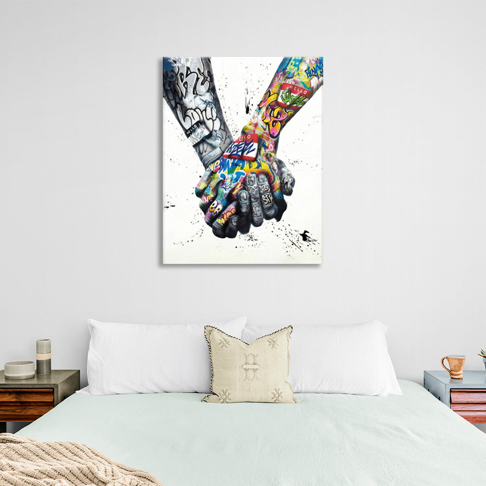 A hand with a dark coloring and a hand with a bright coloring Canvas Wall Art Print