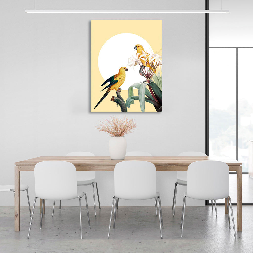 Parrots on branches on a sunny background Canvas Wall Art Print