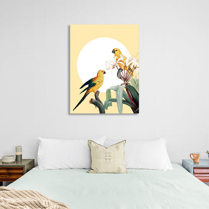 Parrots on branches on a sunny background Canvas Wall Art Print