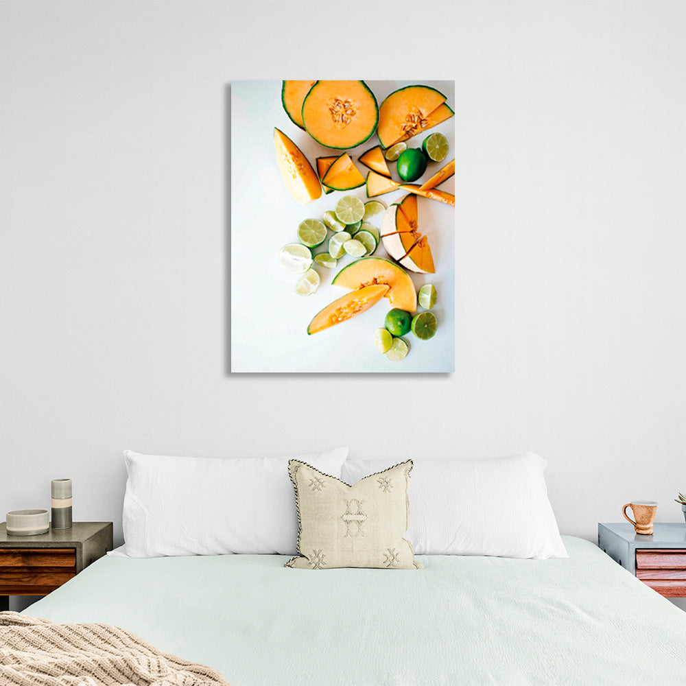 Pumpkin and lime on a gray background Canvas Wall Art Print For Kitchen