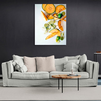 Pumpkin and lime on a gray background Canvas Wall Art Print For Kitchen