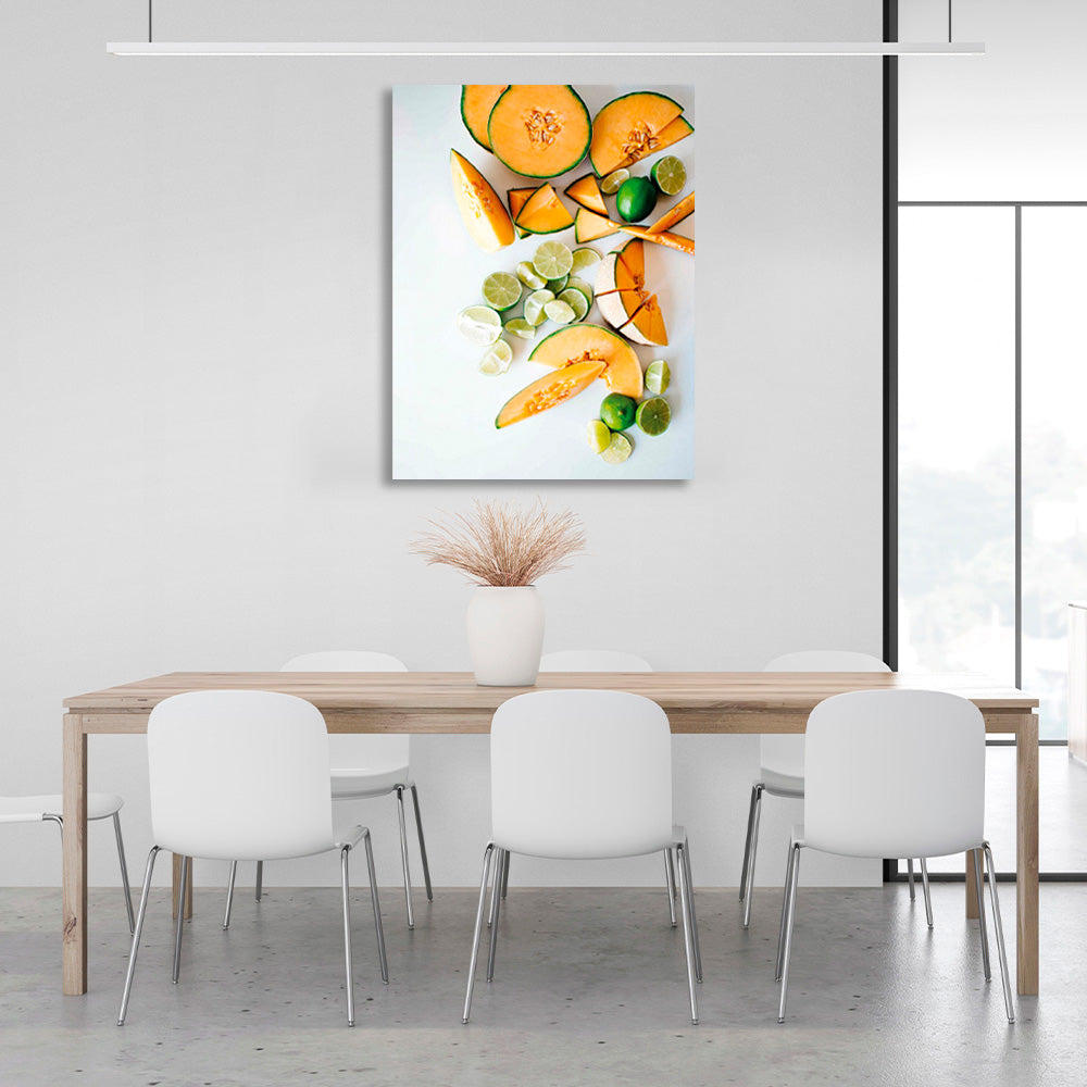 Pumpkin and lime on a gray background Canvas Wall Art Print For Kitchen