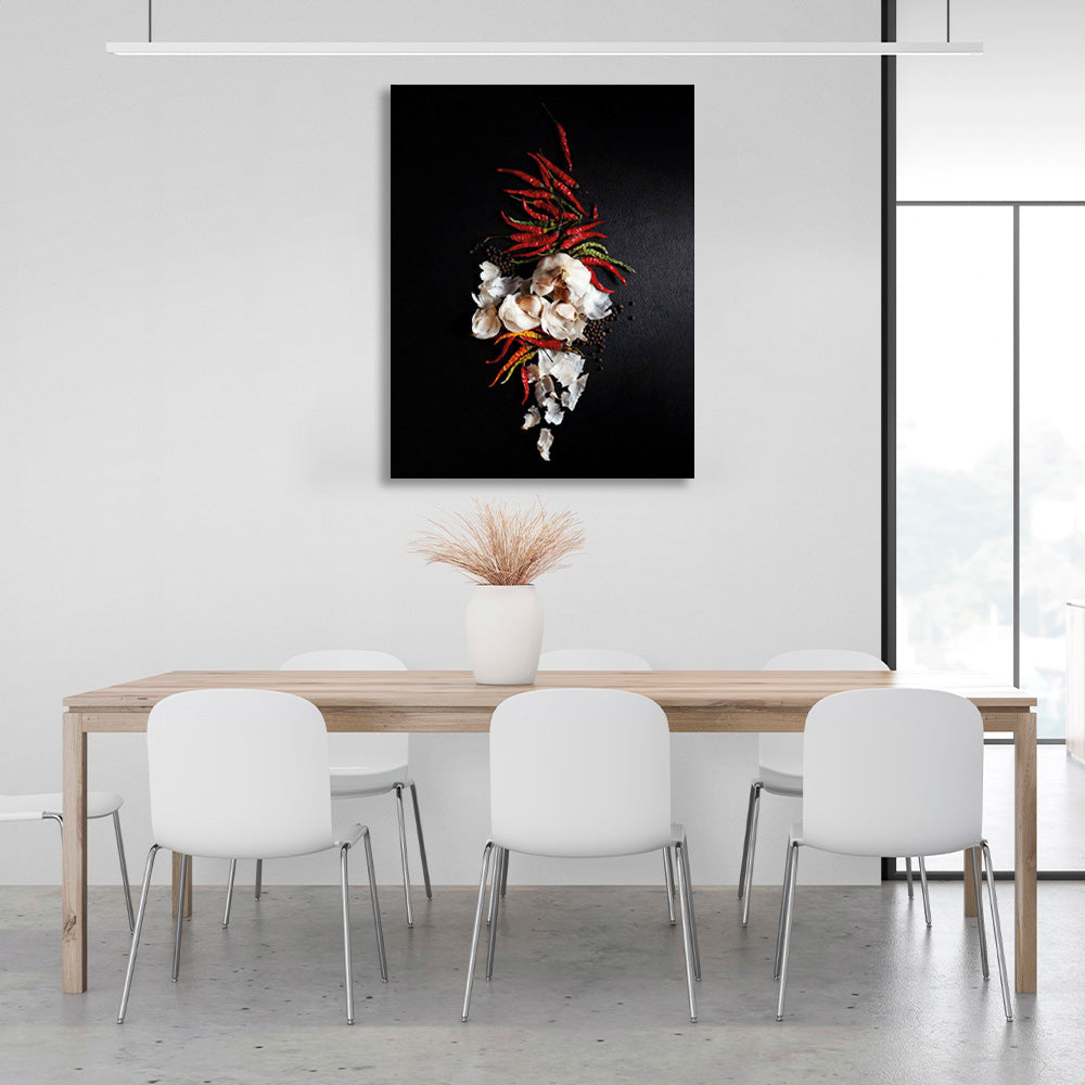 Pepper and garlic on a black background Canvas Wall Art Print For Kitchen