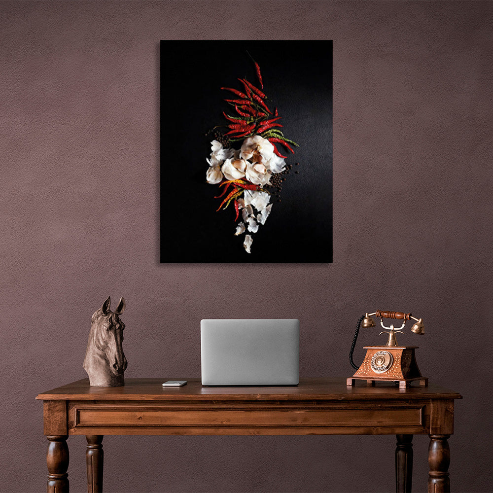 Pepper and garlic on a black background Canvas Wall Art Print For Kitchen