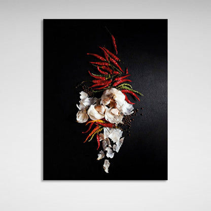 Pepper and garlic on a black background Canvas Wall Art Print For Kitchen