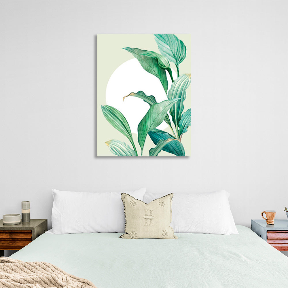 Green leaves on a lettuce background with a white circle Canvas Wall Art Print