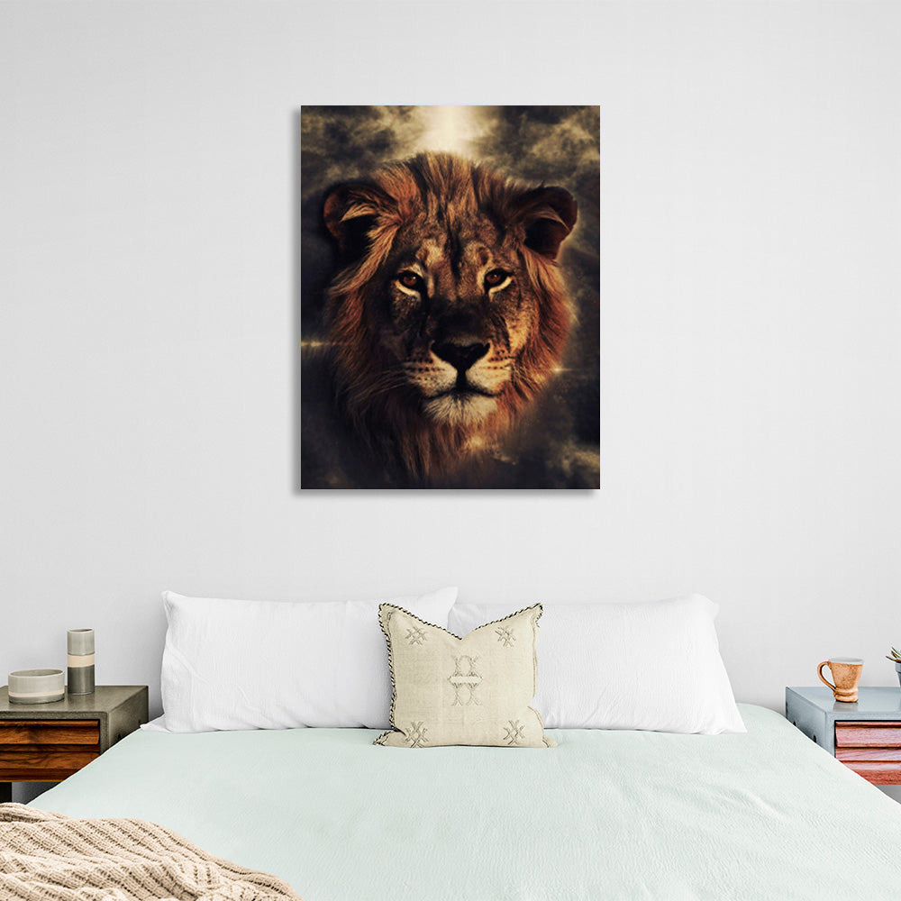 Light colored lion on a sandy background Canvas Wall Art Print