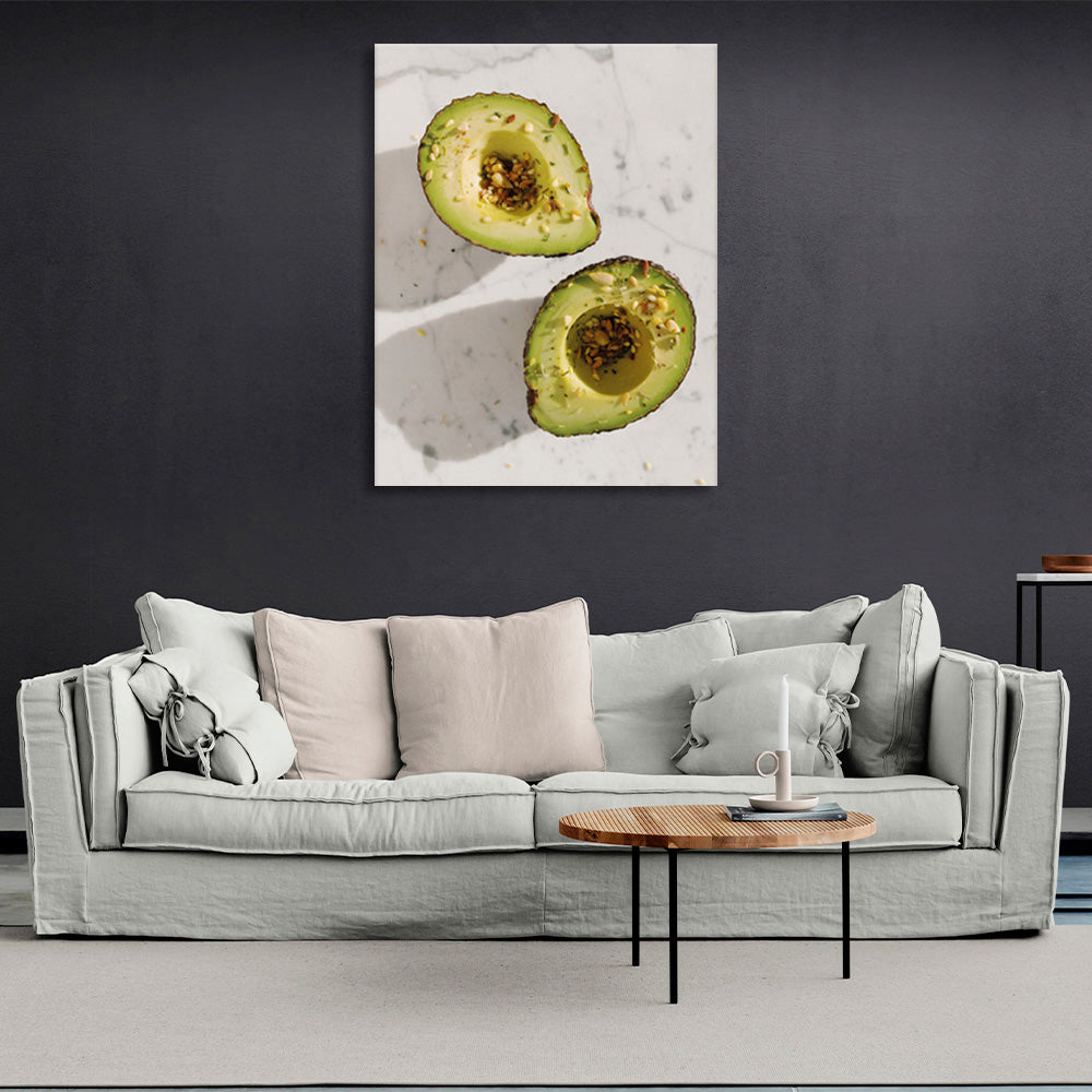 Avocado with spices on a marbled background Canvas Wall Art Print For Kitchen