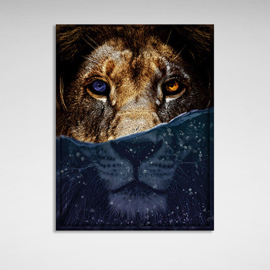 A lion with a blue and orange eye Canvas Wall Art Print