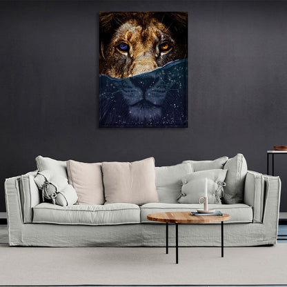 A lion with a blue and orange eye Canvas Wall Art Print