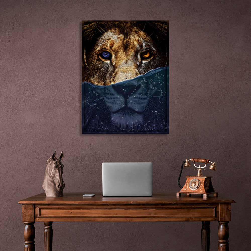 A lion with a blue and orange eye Canvas Wall Art Print