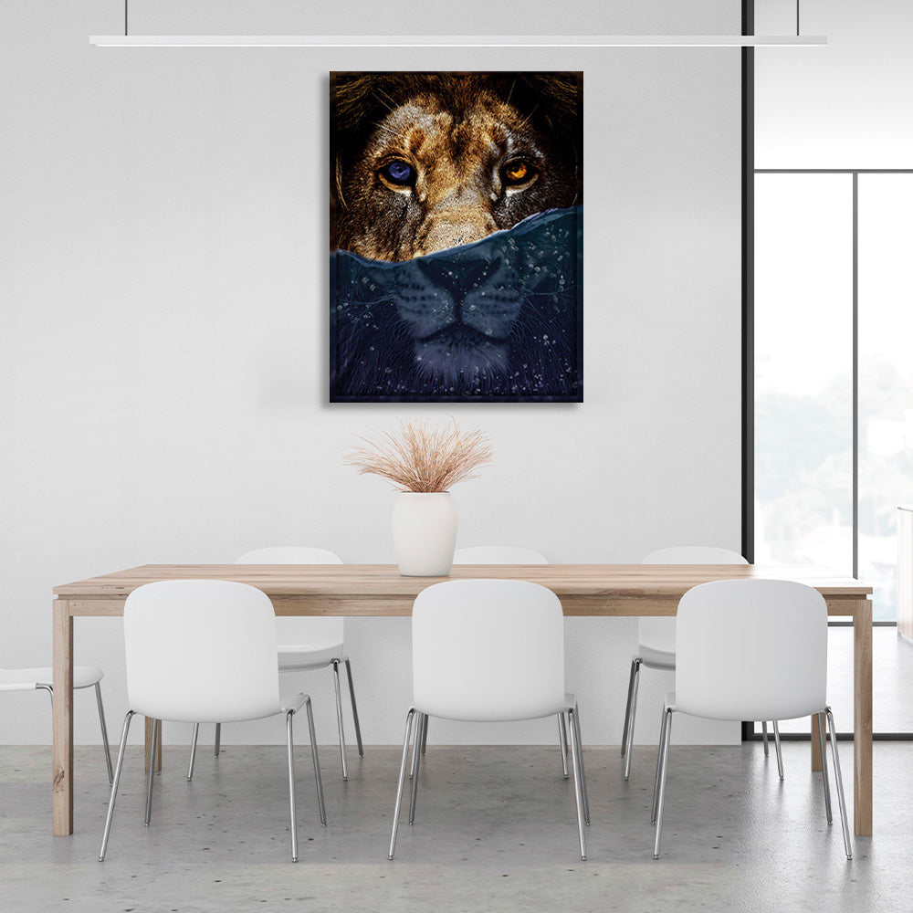 A lion with a blue and orange eye Canvas Wall Art Print