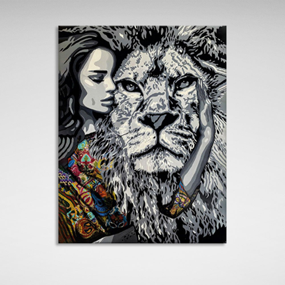 Black and white lion and girl with colored details Canvas Wall Art Print