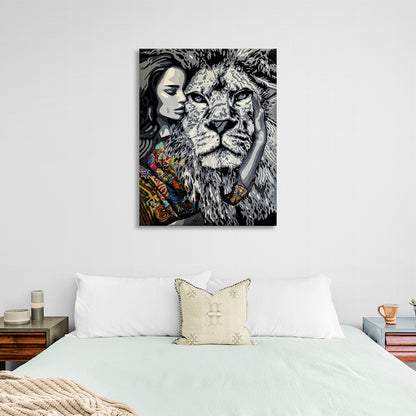 Black and white lion and girl with colored details Canvas Wall Art Print