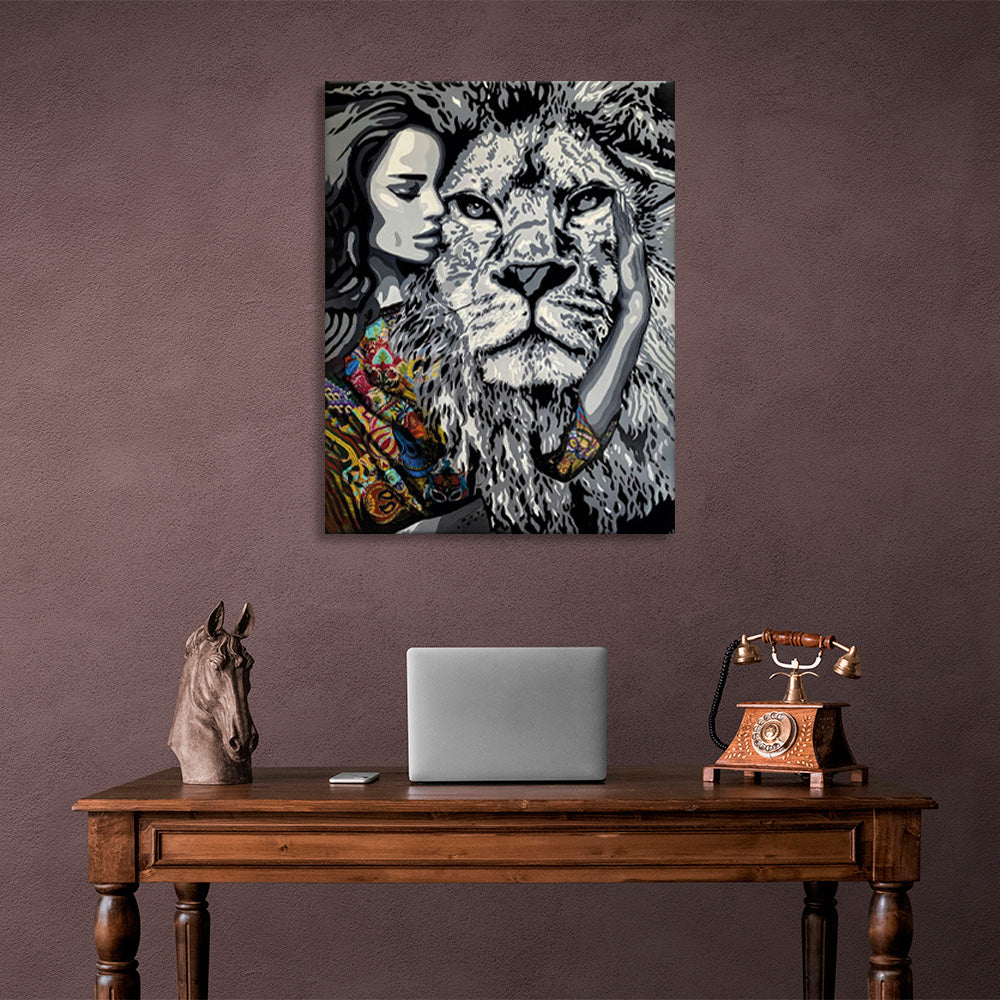 Black and white lion and girl with colored details Canvas Wall Art Print