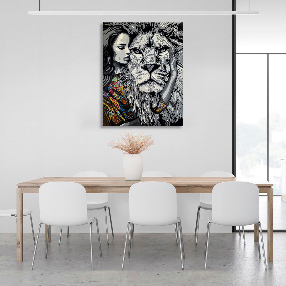 Black and white lion and girl with colored details Canvas Wall Art Print