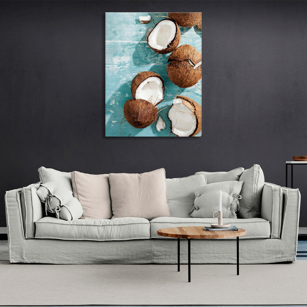 Lots of coconuts on a marble background Canvas Wall Art Print For Kitchen