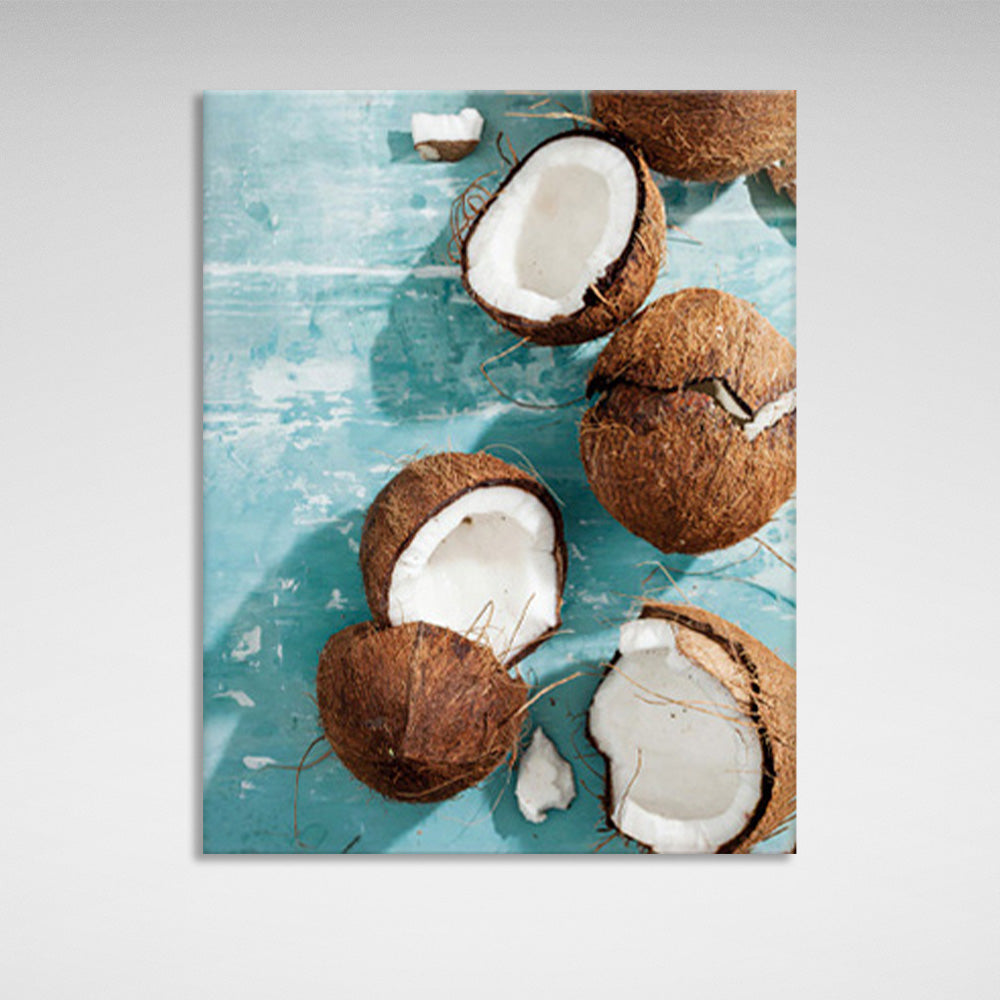 Lots of coconuts on a marble background Canvas Wall Art Print For Kitchen