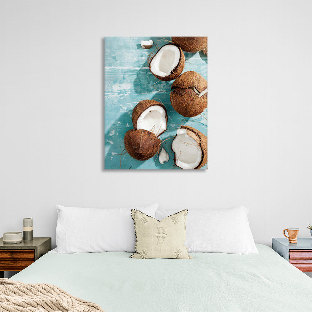 Lots of coconuts on a marble background Canvas Wall Art Print For Kitchen