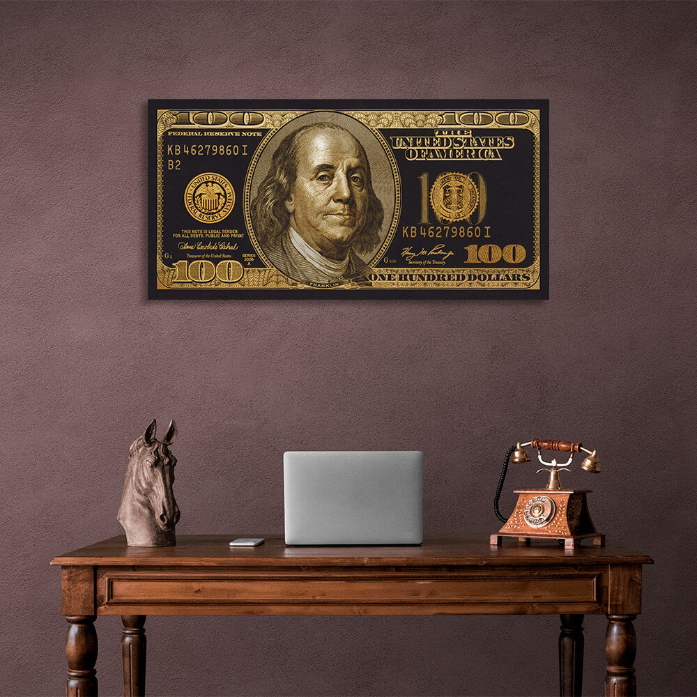 100 dollars golden and black Inspirational Canvas Wall Art Print