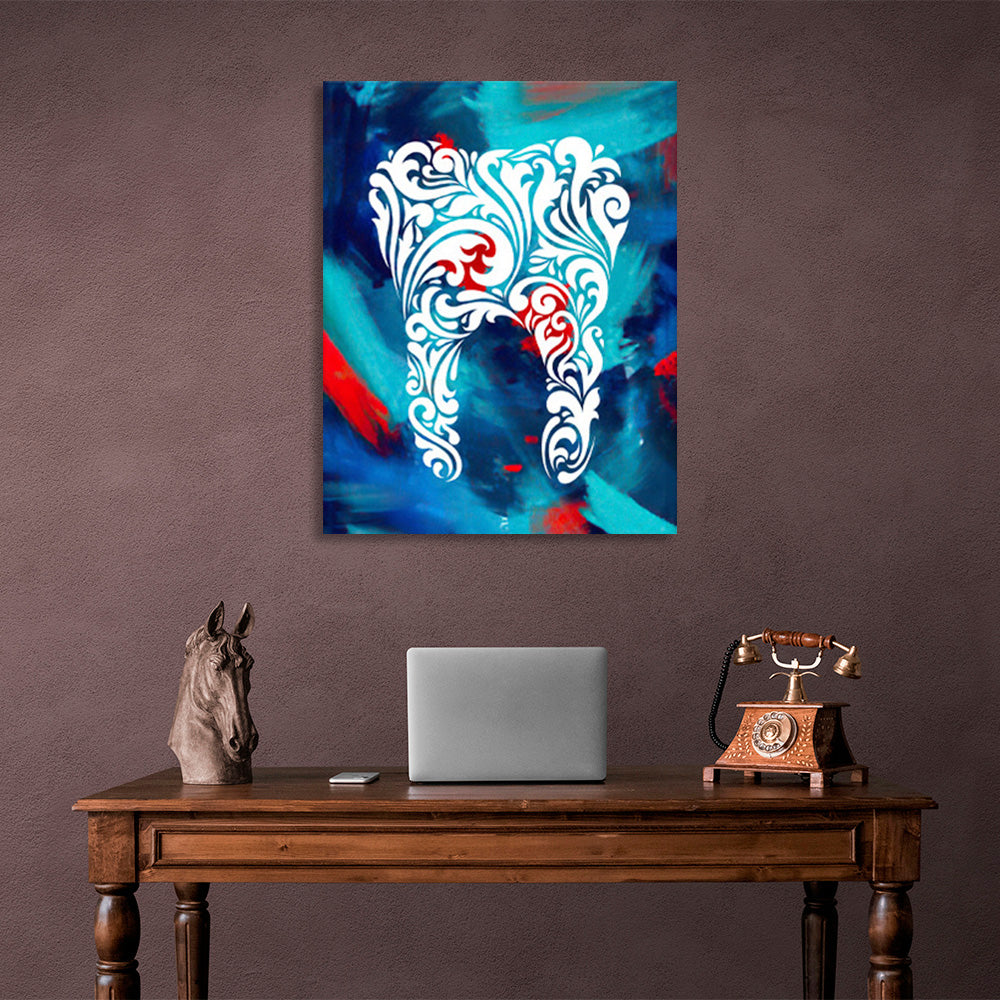 Abstract tooth on a turquoise and red background Canvas Wall Art Print