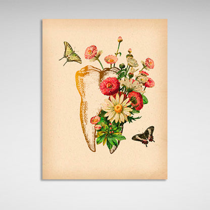 A tooth with flowers on a sand-colored background Canvas Wall Art Print