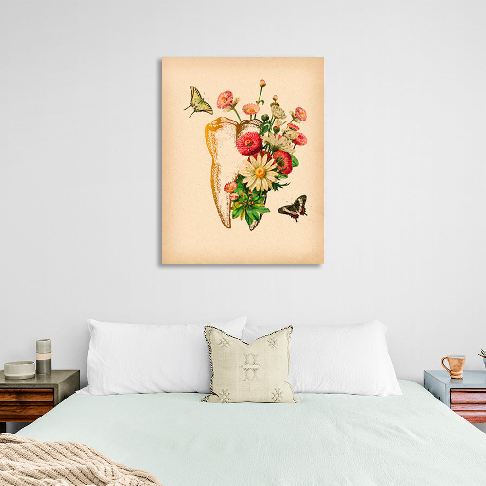 A tooth with flowers on a sand-colored background Canvas Wall Art Print