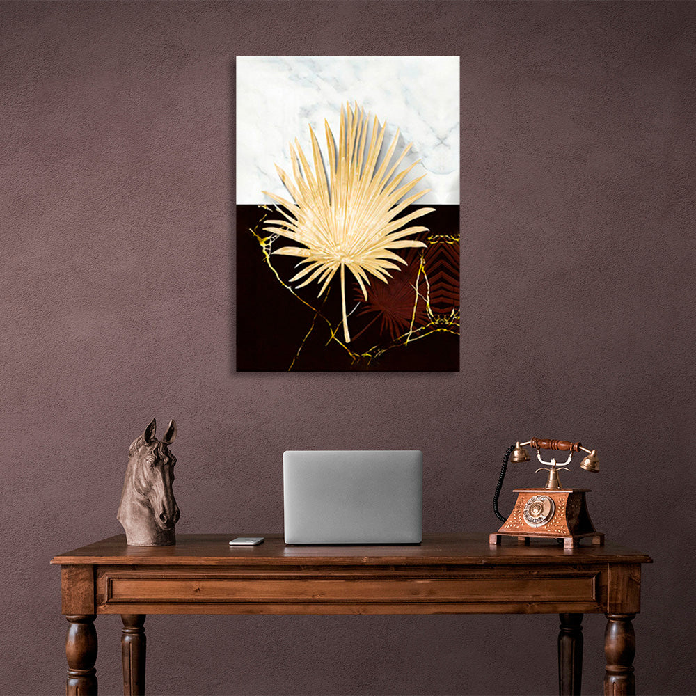 Gold leaf on a maroon and white background Canvas Wall Art Print