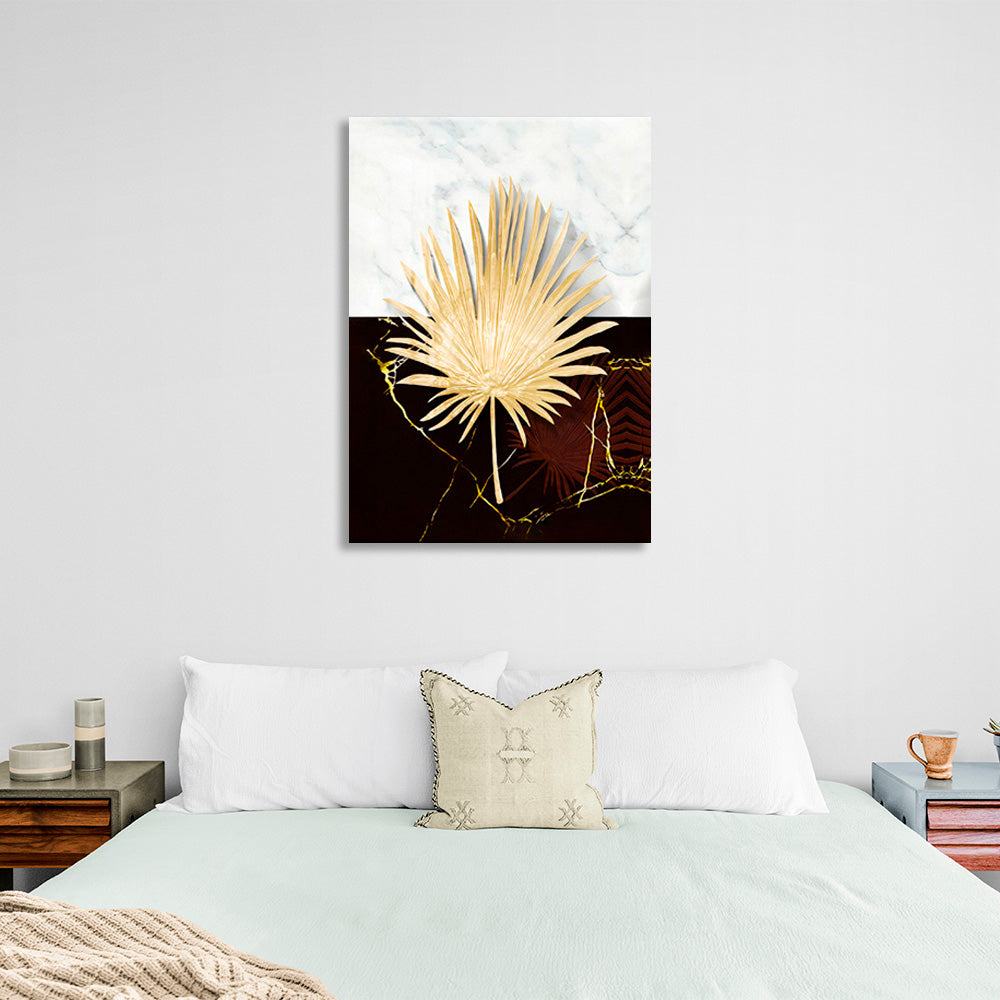 Gold leaf on a maroon and white background Canvas Wall Art Print