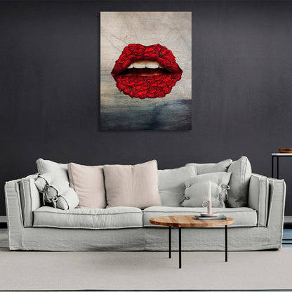 Lips of roses in red on a gray-dark background Canvas Wall Art Print