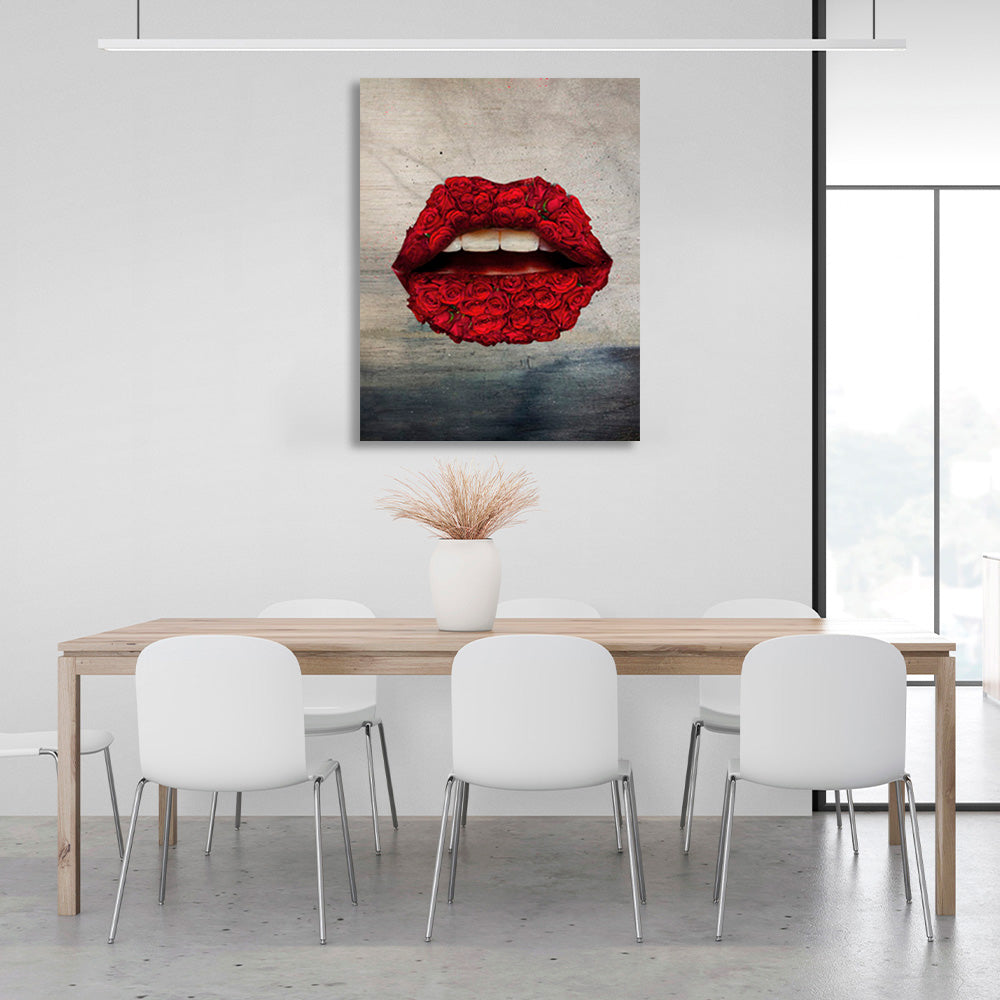 Lips of roses in red on a gray-dark background Canvas Wall Art Print