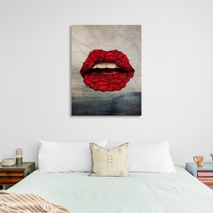 Lips of roses in red on a gray-dark background Canvas Wall Art Print