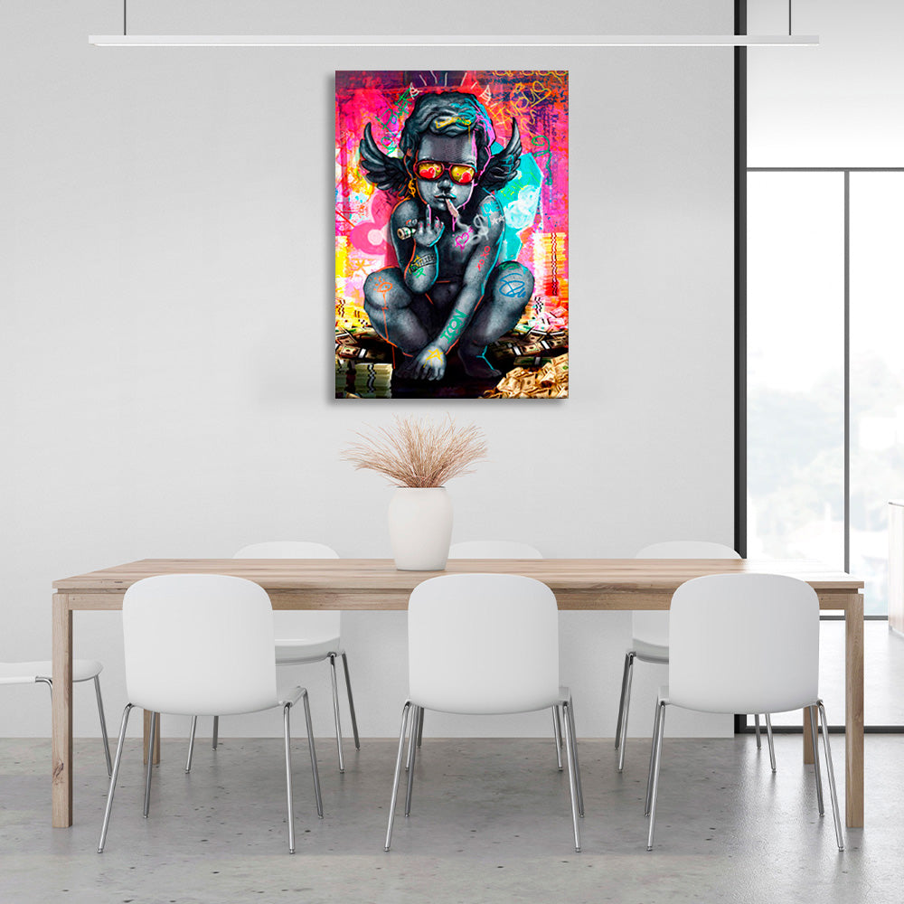 Angel baby near a pile of money Inspirational Canvas Wall Art Print