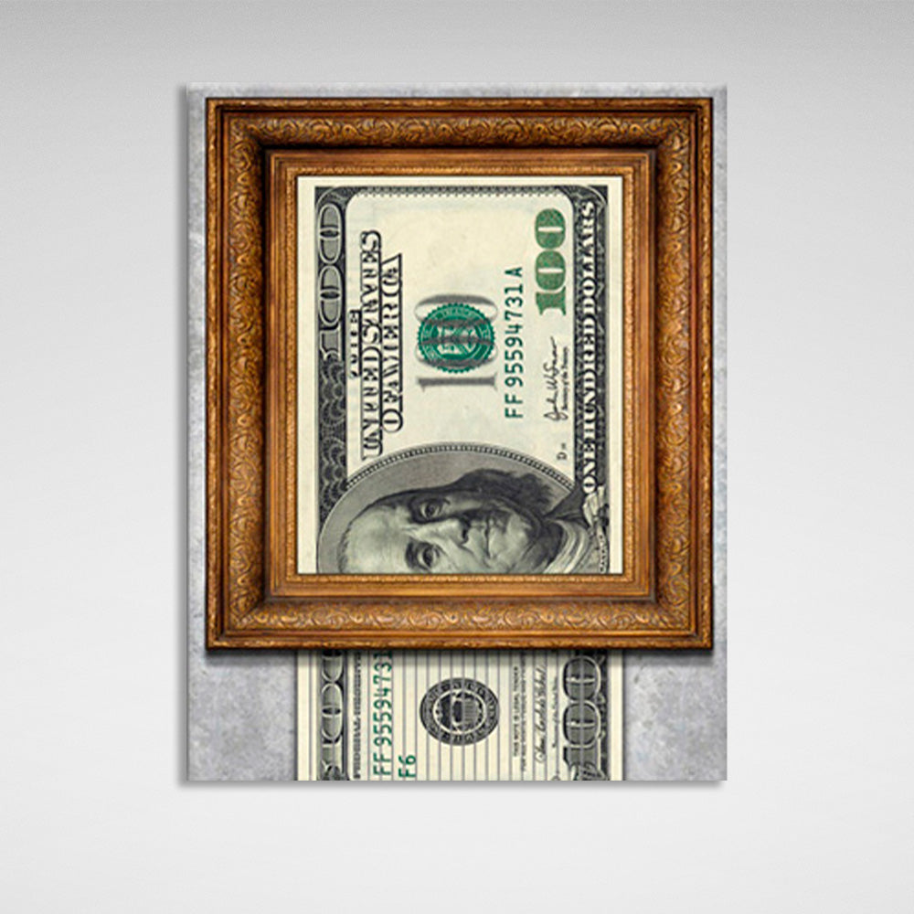 100 dollars in a frame Inspirational Canvas Wall Art Print