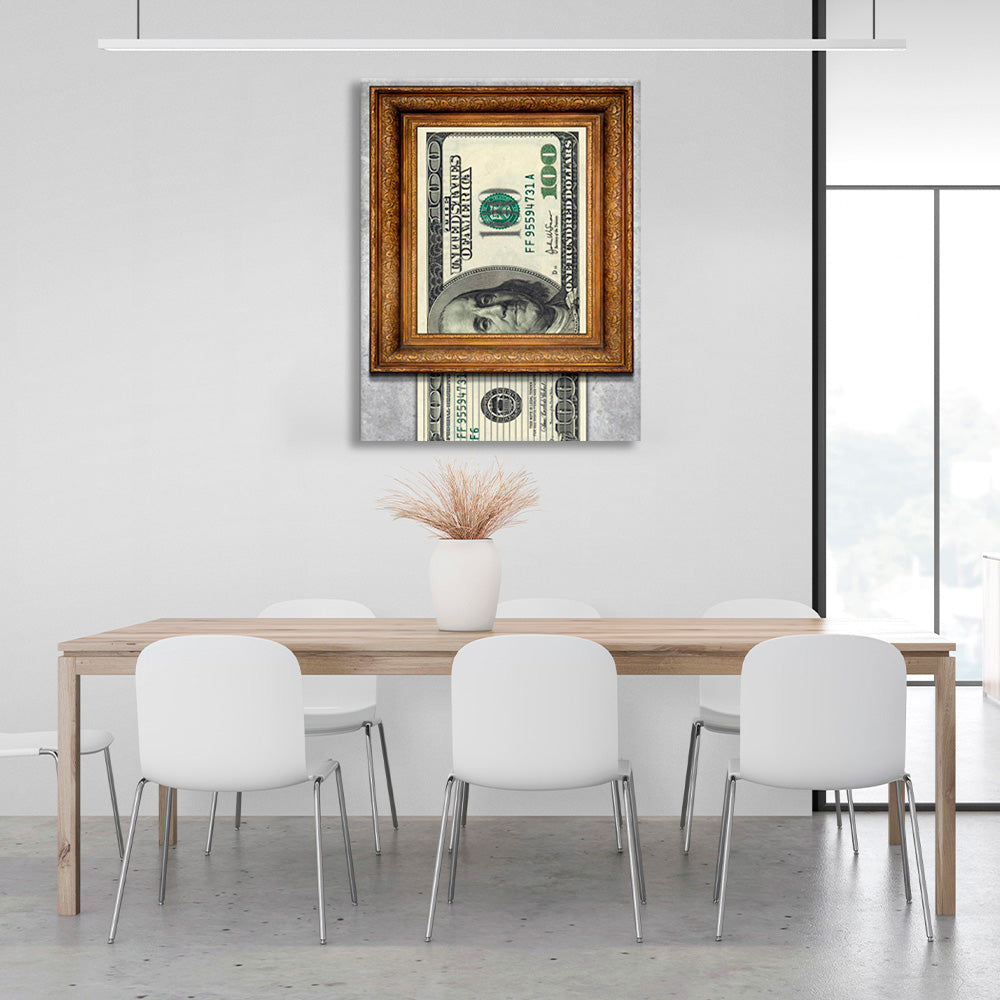 100 dollars in a frame Inspirational Canvas Wall Art Print