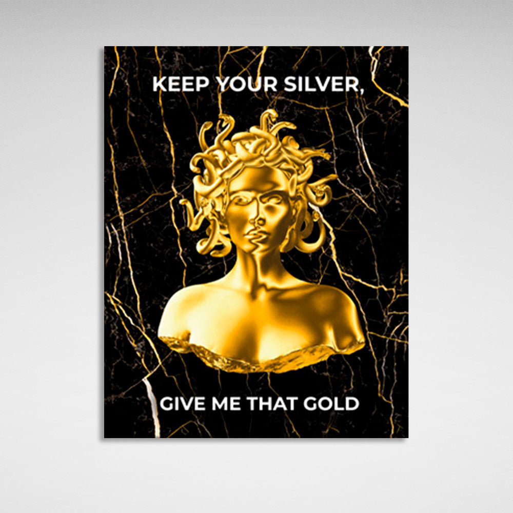 Gorgon Medusa with gold color and inscription Canvas Wall Art Print