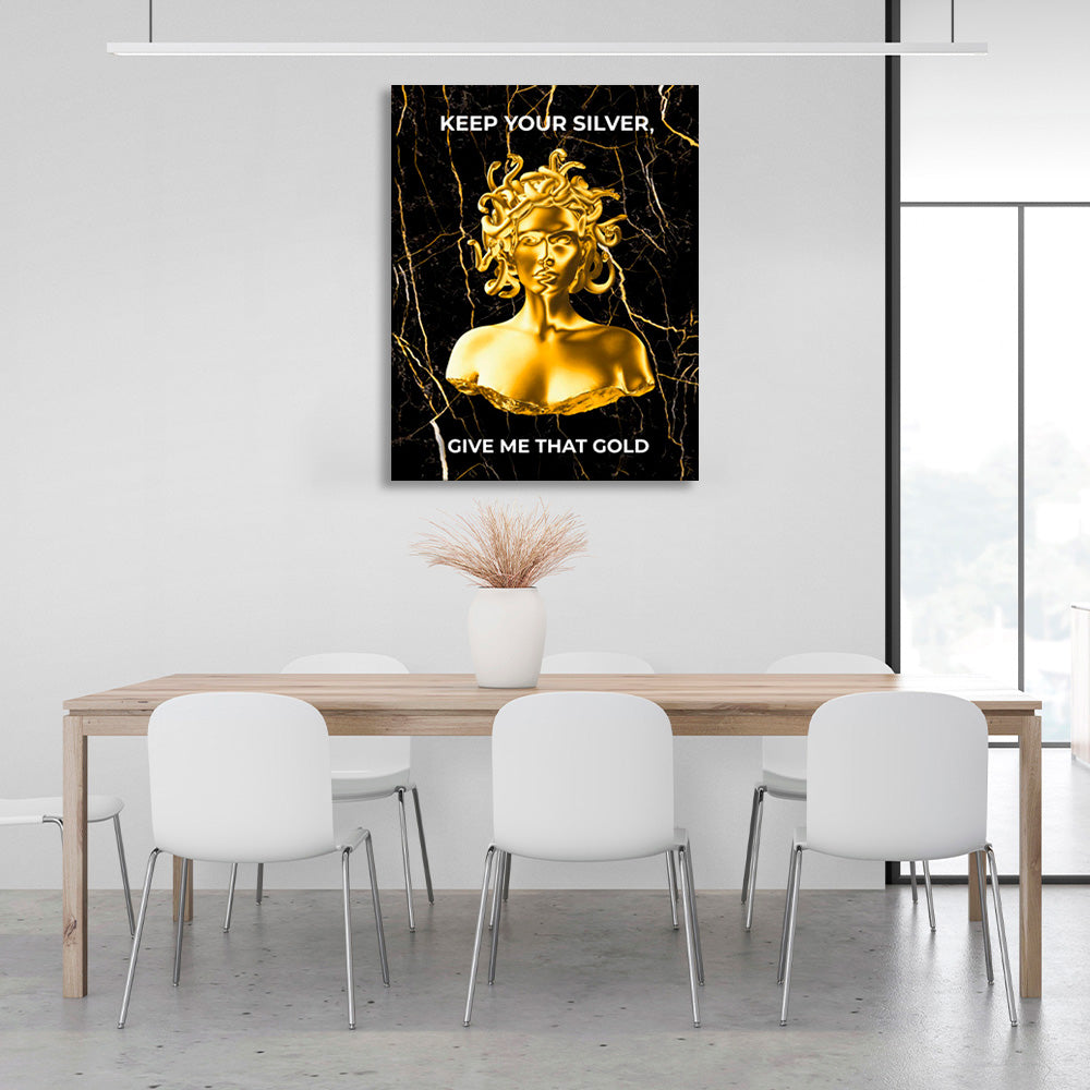 Gorgon Medusa with gold color and inscription Canvas Wall Art Print